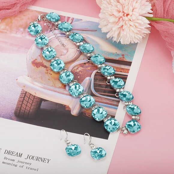 Blue Austrian Crystal Wedding Jewelry Set Necklace Earrings for Brides Bridesmai - Picture 7 of 8